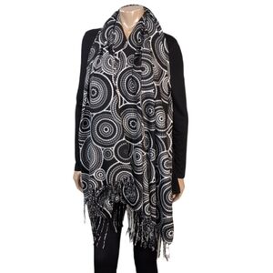 Caracol Unisex Large Fringe Scarf Geometric Circle Print Black Grey Fall Winter
